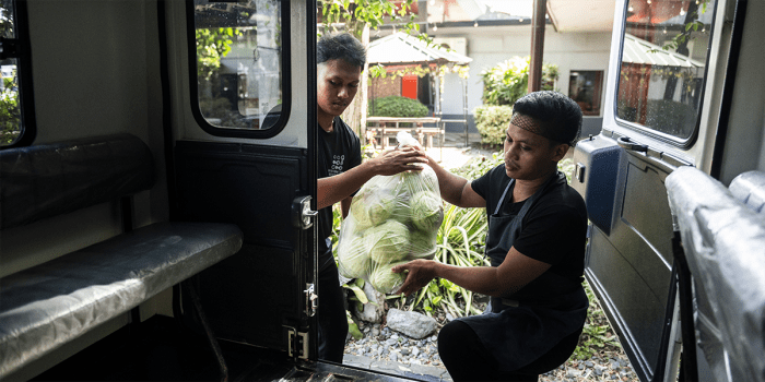 Two men lovingly loading a bag of cabbages into the back of their van.