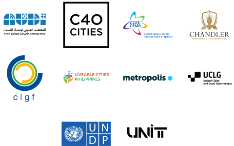 A collage showing the partners of the Mayors Challenge in alphabetical order: AUDI, Bennett Midland, C40 Cities, CCRE CEMR, Chandler, CLGF, Livable Cities Philippines, Metropolis, UCLG, UNDP, and UNIT