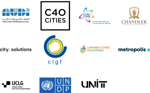 A collage showing the partners of the Mayors Challenge in alphabetical order: Arab Urban Development Institution, C40 Cities, CCREE CEMR, Chandler Institute of Governance, City Solutions, CLGF, Liveable Cities Philippines, Metropolis, UCLG, UNDP, and UNIT.