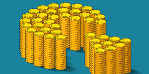 Many piles of gold coins are standing side by side and shaping money pie and cut-out part near. 