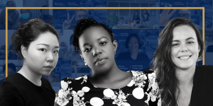 Dark blue background with black and white headshots, left to right: Jaeyon Yu, Njeri Ndonga, Sarah Gallimore