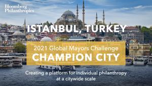 Photo of Istanbul’s skyline. A yellow box signifies the city as a 2021 Global Mayors Challenge Champion City with a brief description that reads: "Building solidarity through citywide mutual aid”