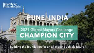 Photo of Pune’s skyline. A green box signifies the city as a 2021 Global Mayors Challenge Champion City with a brief description that reads: "Planning for an all-electric-vehicle future”