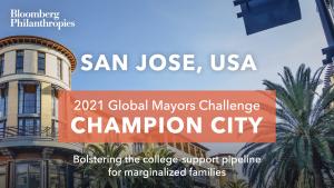 Photo of San Jose’s skyline. An orange box signifies the city as a 2021 Global Mayors Challenge Champion City with a brief description that reads: “Bolstering the college-support pipeline for marginalized families”
