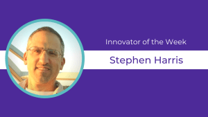 Purple background, circular headshot of Stephen Harris and text celebrating them as Innovator of the Week