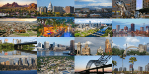 A collection of skyline photos from the 16 cities that have earned What Works Cities Certification for the first time