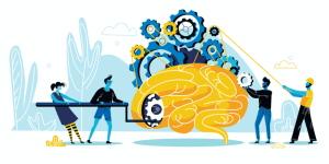 A graphic of four individuals pulling levers and turning gears of a brain.