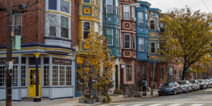A block of multi-story row homes in Philadelphia. 