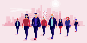 In the foreground, a people dressed in various shades of blue, red, and purple are walking away from a large city skyline in the background of the graphic. 