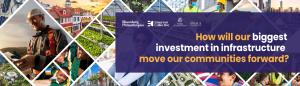 Tagline reading "How will our biggest investment in infrastructure move our communities forward?" along with logos from sponsors Bloomberg Philanthropies, Emerson Collective, Ford Foundation, and the Kresge Foundation, overlay background collage of infrastructure imagery. 