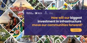 Tagline reading "How will our biggest investment in infrastructure move our communities forward?" along with logos from sponsors Bloomberg Philanthropies, Emerson Collective, Ford Foundation, and the Kresge Foundation, overlay background collage of infrastructure imagery. Call to action button reads "learn more".