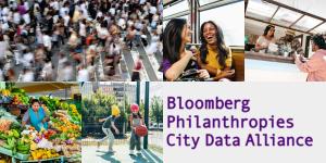 Graphics showcases various aspects of city life, including people walking in a cross-walk, a street vendor, someone making a purchase at a small business, children playing, and two people riding public transit. The bottom right-hand corner reads "Bloomberg Philanthropies Cities Data Alliance"