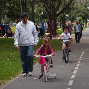 Children on bikes in city bike lane