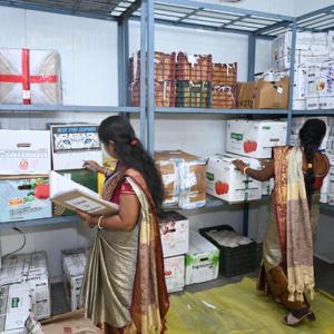 Two women taking inventory of their food products inside a cold storage room as a part of the Solar-Powered Cold Rooms programs.