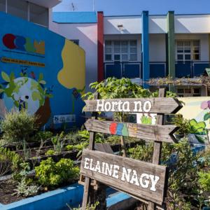 The exterior of a school in Sao Paulo with raised garden beds producing fresh plant-based food for its students as part of the Sustainable School Menus program.