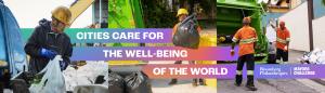 A banner for the 2025 Global Mayors Challenge depicting sanitation workers helping clean up a city.  It reads, "Cities care for the well-being of the world."