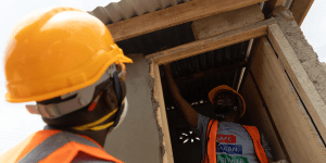 A scene from local landlord Adizah Agan’s housing compound in the city of Kumasi where youth artisans trained through the Kumasi Sanitation Solutions program are constructing a pair of new toilets.