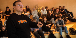 Ninth graders from the Joachim Lelevelis Engineering Gymnasium in Vilnius attending a lesson outside of their classrooms through the city’s Vilnius is a School platform