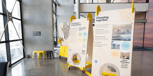 Exhibit display panels reading "planning for a resilient future"