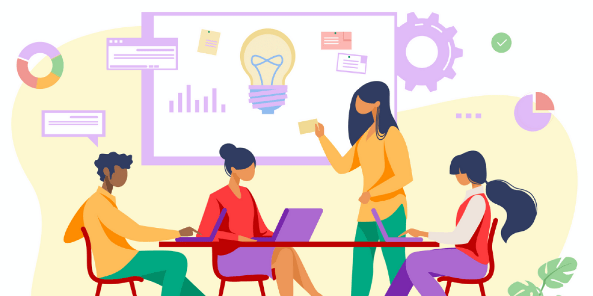 3 people sitting at a table and one person pointing at a white board with a lightbulb on it