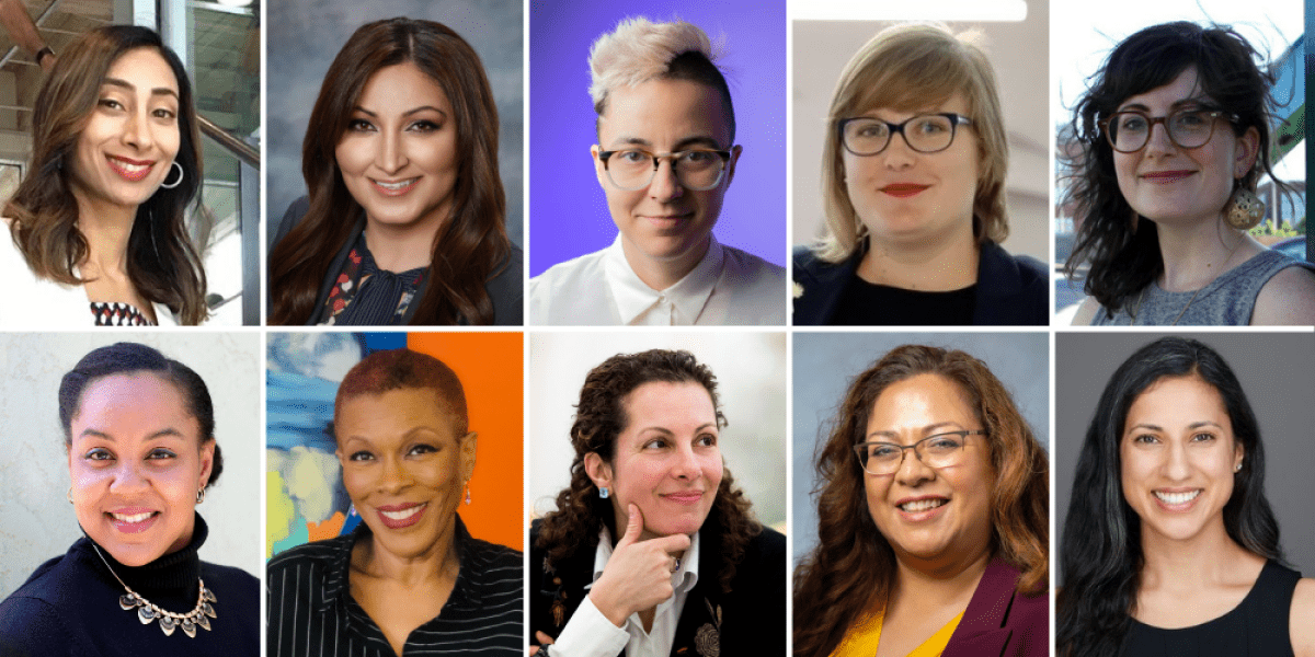 Collage of 10 women changing city hall