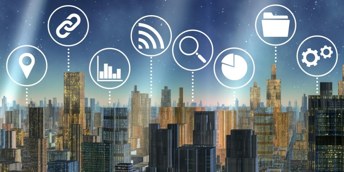 Cityscape with different graphics floating in the sky-location tag, graphs, folders, and more-representing open data