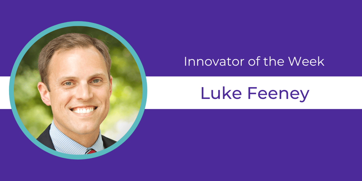 Purple background, circular headshot of Luke Feeney and text celebrating them as Innovator of the Week