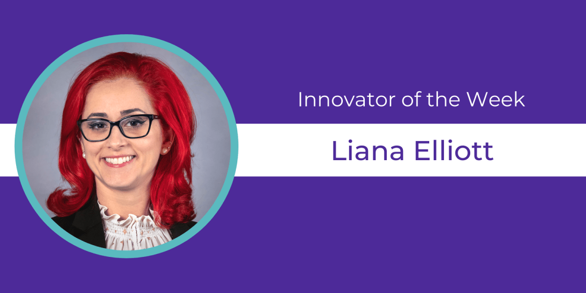 Purple background, circular headshot of Liana Elliott and text celebrating them as Innovator of the Week