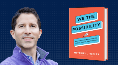 Headshot of Mitchell Weiss with the cover of his new book "We the Possibility"