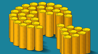 Many piles of gold coins are standing side by side and shaping money pie and cut-out part near. 