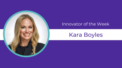 Purple background, headshot, and text celebrating Kara Boyles as Innovator of the Week