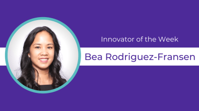 Purple background, headshot, and text celebrating Bea Rodriguez-Fransen as Innovator of the Week