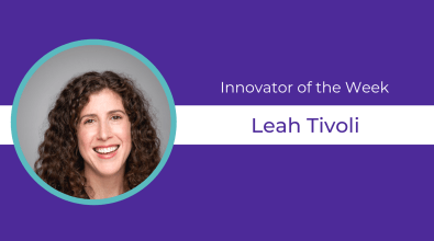 Purple background, circular headshot of  Leah Tivoli and text celebrating them as Innovator of the Week