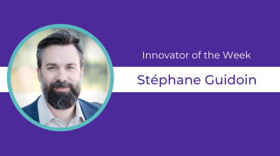 Purple background, circular headshot of Stéphane Guidoin and text celebrating them as Innovator of the Week