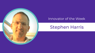 Purple background, circular headshot of Stephen Harris and text celebrating them as Innovator of the Week
