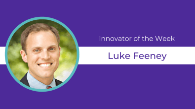 Purple background, circular headshot of Luke Feeney and text celebrating them as Innovator of the Week