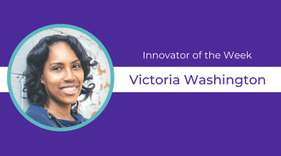 Purple background, circular headshot of Victoria Washington and text celebrating them as Innovator of the Week