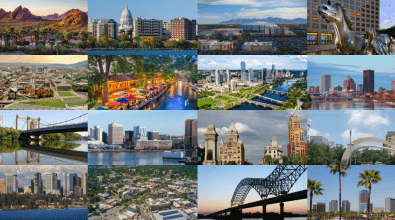 A collection of skyline photos from the 16 cities that have earned What Works Cities Certification for the first time
