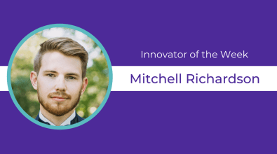 Purple background, circular headshot of Mitchell Richardson and text celebrating them as Innovator of the Week