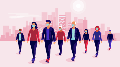 In the foreground, a people dressed in various shades of blue, red, and purple are walking away from a large city skyline in the background of the graphic. 