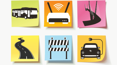 Six sticky notes featuring black and white images of a bus, wifi router, bridge, curving street, construction work signage, and electric vehicle.