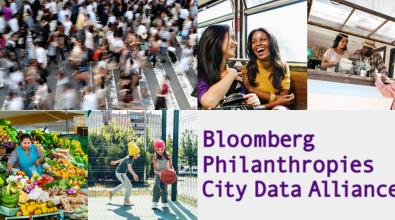 Graphics showcases various aspects of city life, including people walking in a cross-walk, a street vendor, someone making a purchase at a small business, children playing, and two people riding public transit. The bottom right-hand corner reads "Bloomberg Philanthropies Cities Data Alliance"