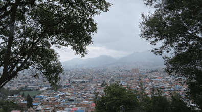 A view of Bogota from a cliff above as seen through a canopy of trees.