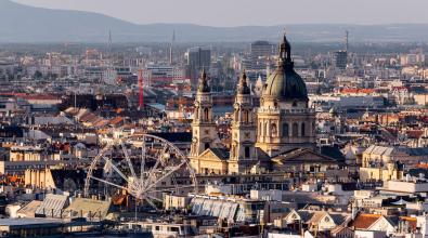 Budapest skyline with St. Stephen's Basilica, aerial view, Hungary.