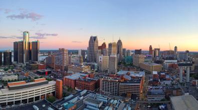 Panoramic view of dusk in Detroit.