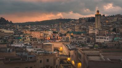 Dusk Landscape of Fez, Morocco showing the city and building.