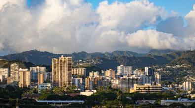 Panoramic view of buildings in city against sky,Honolulu,Hawaii,United States,USA