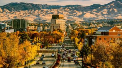 View of Boise downtown and Idaho Capitol on a fine autumn morning as seen from Capitol Blvd.