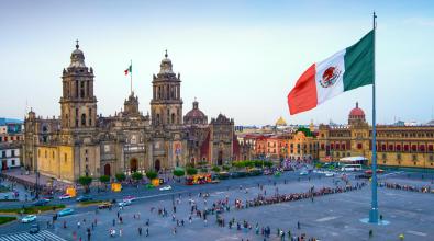 Sunset at the Zócalo in Mexico City, Mexico.