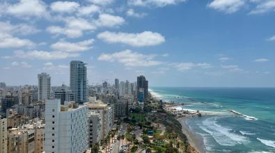 View of the waterfront coastline with hotels in Netanya in Israel.